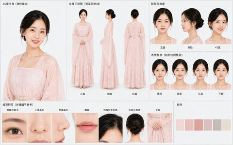 粉色竹纹汉服女子身份一致性角色设定图 - AI图片提示词示例