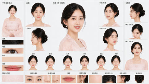 汉服少女脸部建模级全方位身份解析参考图 - AI图片提示词示例