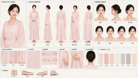 中式古风女子全方位服装结构参考图 - AI图片提示词示例