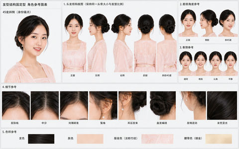 写实古风女子低盘发发型结构参考图 - AI图片提示词示例