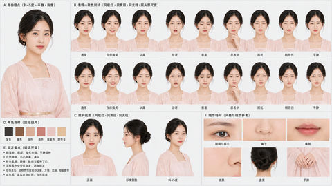 汉服少女全方位表情一致性参考图表 - AI图片提示词示例