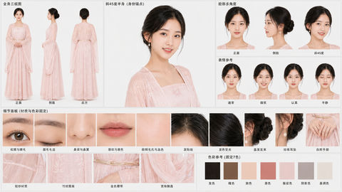 唯美古风淡粉色汉服女子高精角色参考表 - AI图片提示词示例