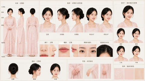 汉服少女全维度角色设定制作三视图 - AI图片提示词示例