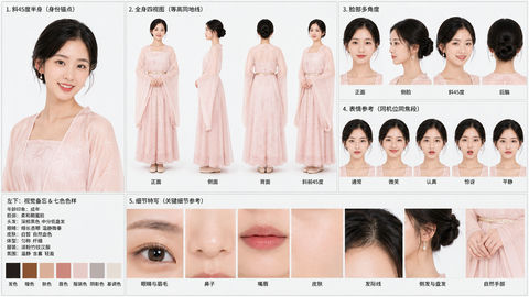 唯美古风女子角色全方位细节参考表 - AI图片提示词示例