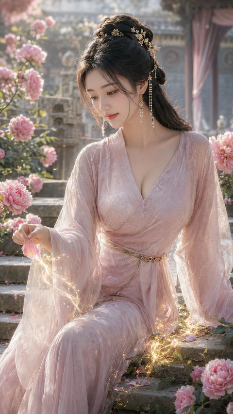 盛唐风华：牡丹灵苑仙子施展回春妙法 - AI图片提示词示例