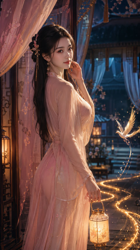 盛唐幻梦：春宴掌灯女官的月下回眸 - AI图片提示词示例