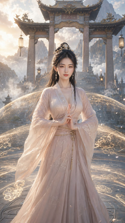 云阶仙门守阵人：唐风幻境中的圣女姿态 - AI图片提示词示例