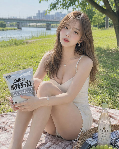河边树荫下夏日野餐少女写真 - AI图片提示词示例