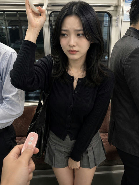 拥挤电车内时尚裙装少女主观视角 - AI图片提示词示例