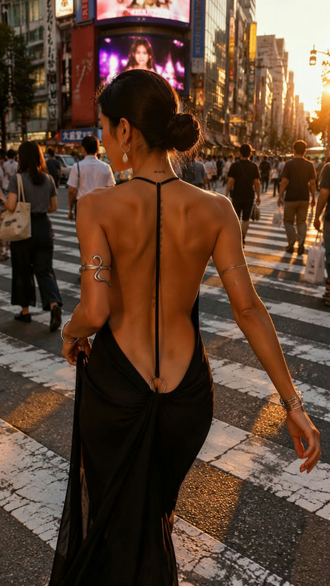 涩谷十字路口日落露背长裙女性街拍快照 - AI图片提示词示例