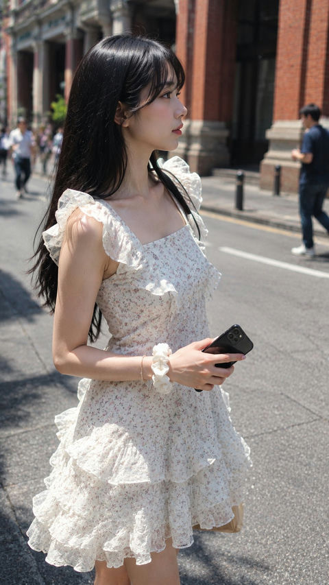 手机实拍质感东亚女性街头写真 - AI图片提示词示例