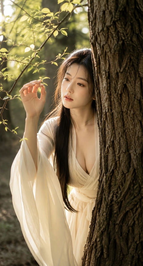 林间树后探身的古风写实人像 - AI图片提示词示例
