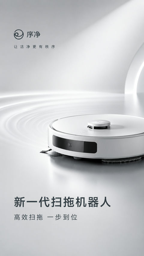 极简秩序美学：高端智控扫拖机器人开屏海报 - AI图片提示词示例