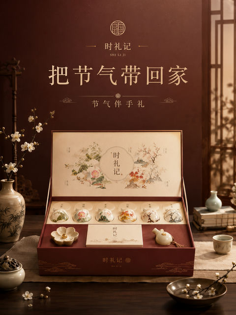 东方节气伴手礼品牌视觉纪念感海报 - AI图片提示词示例
