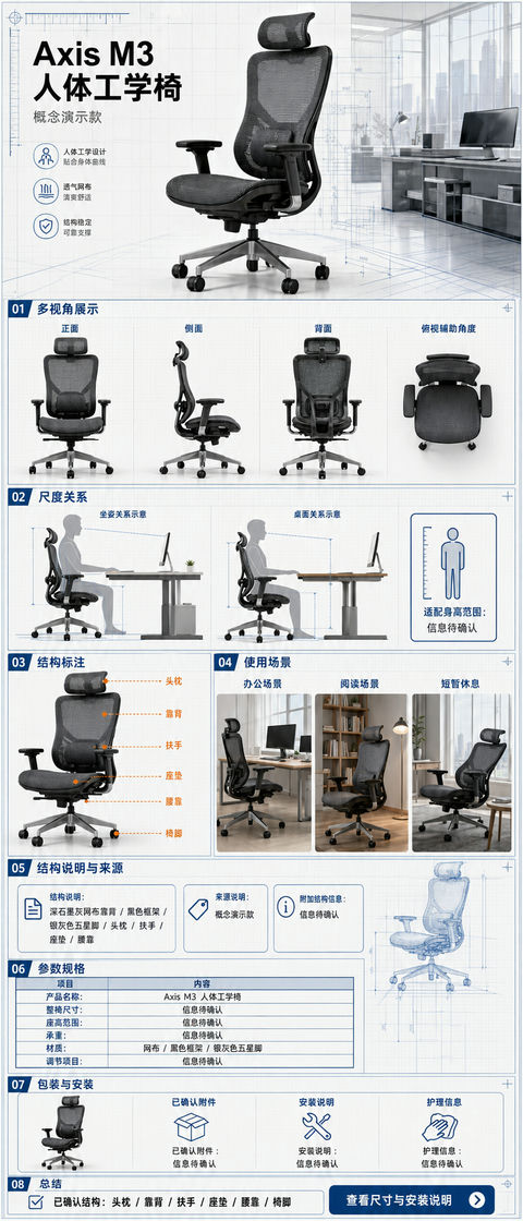 Axis M3人体工学椅移动端极简详情页设计 - AI图片提示词示例