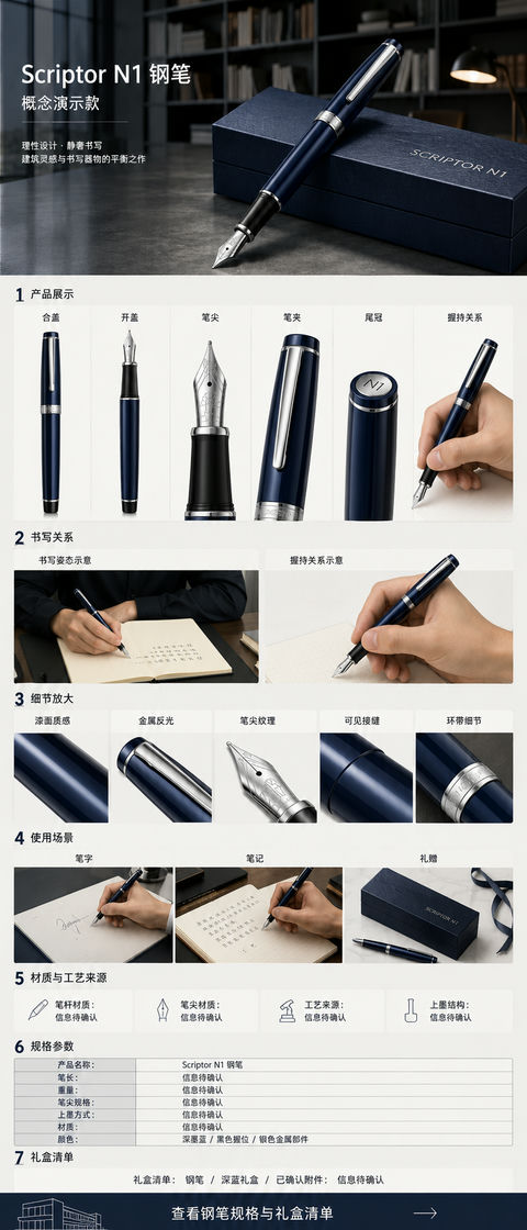 墨蓝静奢风格钢笔移动端详情页设计 - AI图片提示词示例