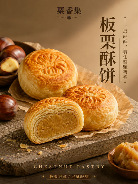 栗香集板栗酥饼：中式雅致礼点商业海报 - AI图片提示词示例