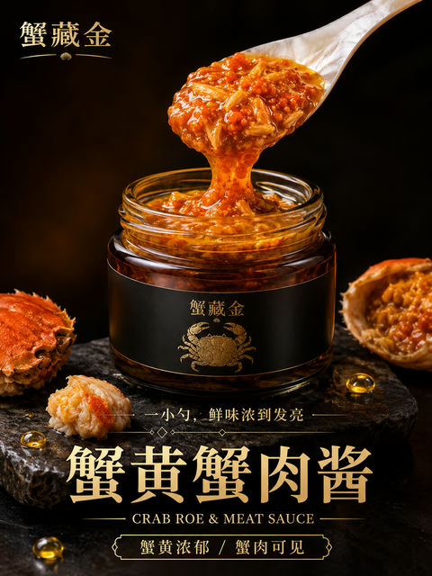 奢华蟹藏金：极致写实蟹黄酱商业海报 - AI图片提示词示例