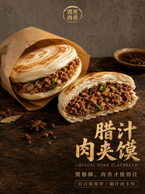 极简高级感腊汁肉夹馍商业美食海报 - AI图片提示词示例