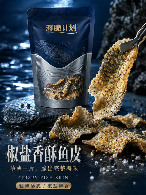 高端海味零食海报椒盐鱼皮脆片 - AI图片提示词示例