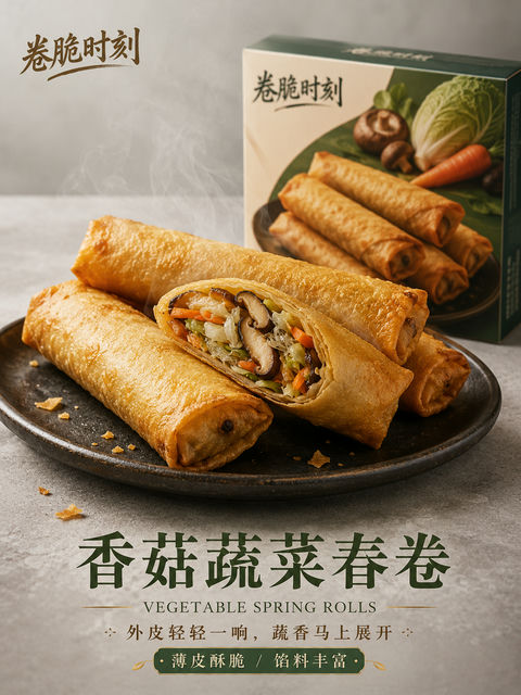 高端写实香菇蔬菜春卷商业海报设计 - AI图片提示词示例
