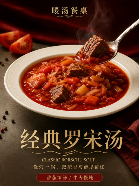 暖汤餐桌经典罗宋汤商业美食海报 - AI图片提示词示例