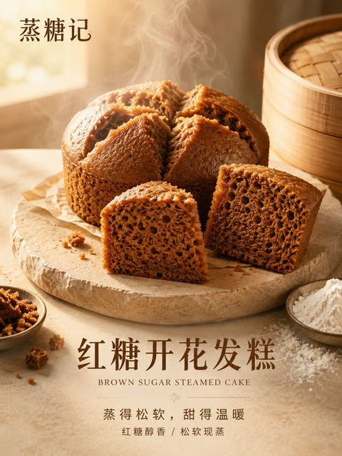 中式美学红糖发糕松软拉丝商业海报 - AI图片提示词示例