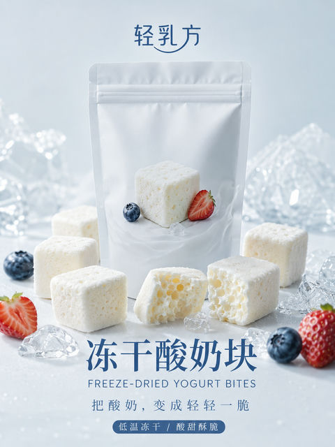 极简高级感冻干酸奶块商业摄影海报 - AI图片提示词示例