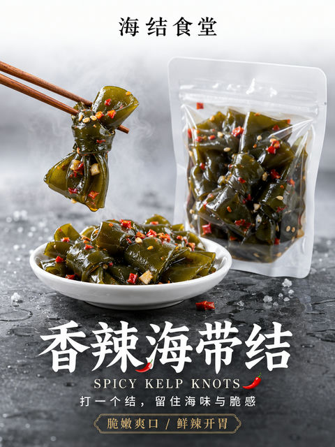 海结食堂香辣海带结写实商业摄影海报 - AI图片提示词示例