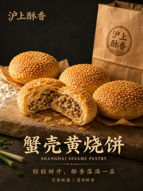 沪上酥香蟹壳黄烧饼高端写实商业海报 - AI图片提示词示例