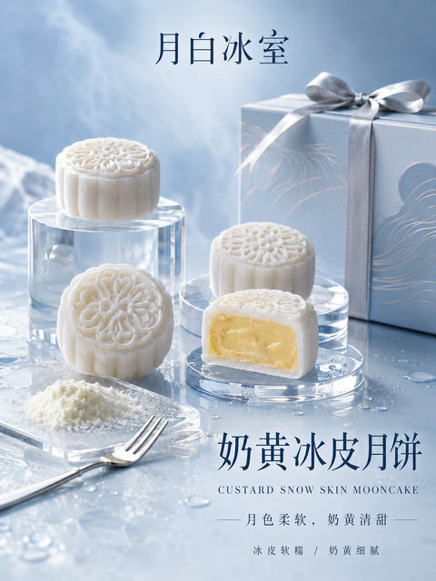 极简冷感美学：月白冰室奶黄冰皮月饼海报 - AI图片提示词示例