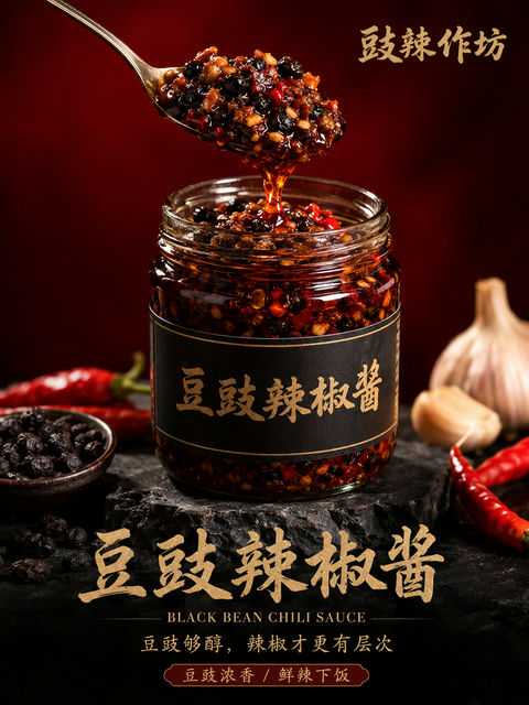 极致诱惑：豉辣作坊豆豉辣椒酱商业海报 - AI图片提示词示例
