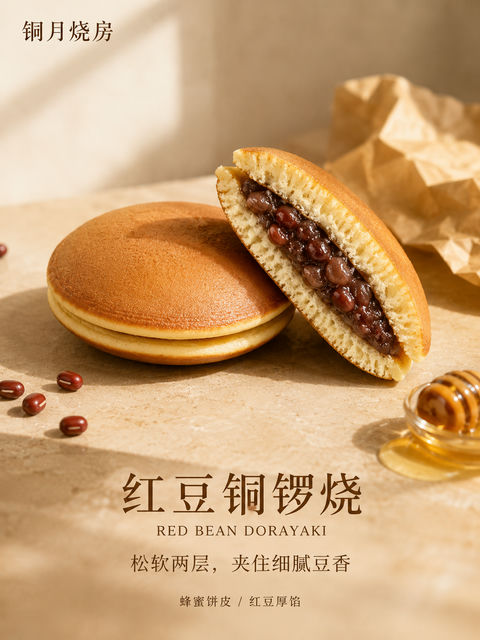 晨光下的红豆铜锣烧精品商业海报 - AI图片提示词示例