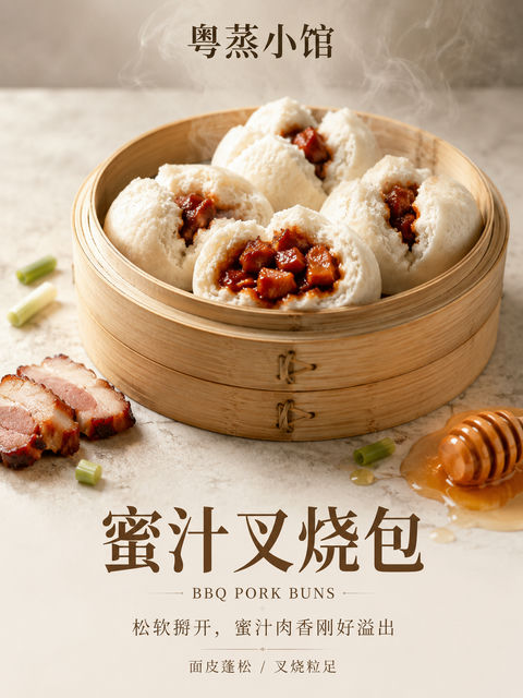 粤式高端蜜汁叉烧包商业美食海报设计 - AI图片提示词示例