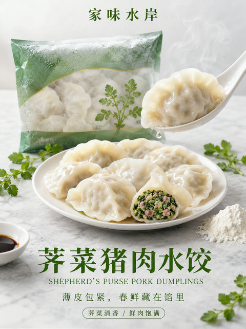 家味水岸荠菜猪肉水饺商业摄影海报 - AI图片提示词示例
