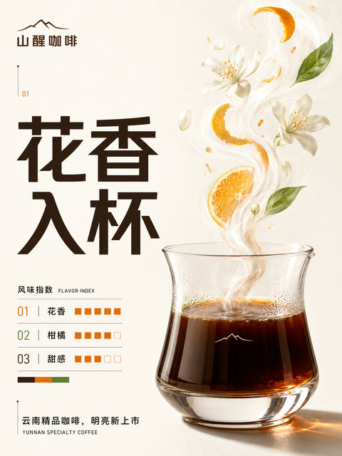 山醒咖啡花香入杯瑞士极简主义海报 - AI图片提示词示例