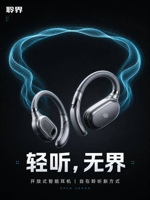聆界智能耳机：轻听无界极简美学发布海报 - AI图片提示词示例