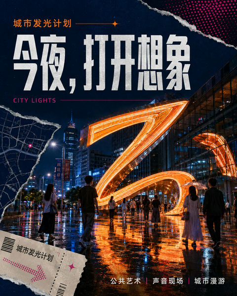 城市发光计划：雨夜街头的汉字艺术拼贴海报 - AI图片提示词示例