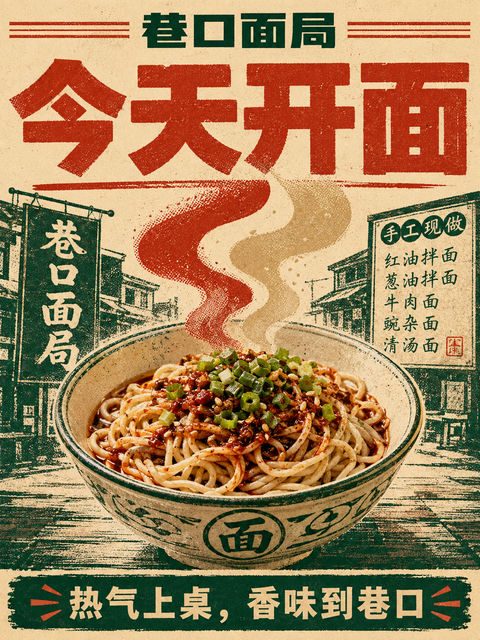 巷口面局开业现代复古丝网印刷海报 - AI图片提示词示例