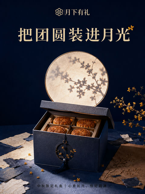 当代极简纸艺中秋礼盒商业品牌海报 - AI图片提示词示例