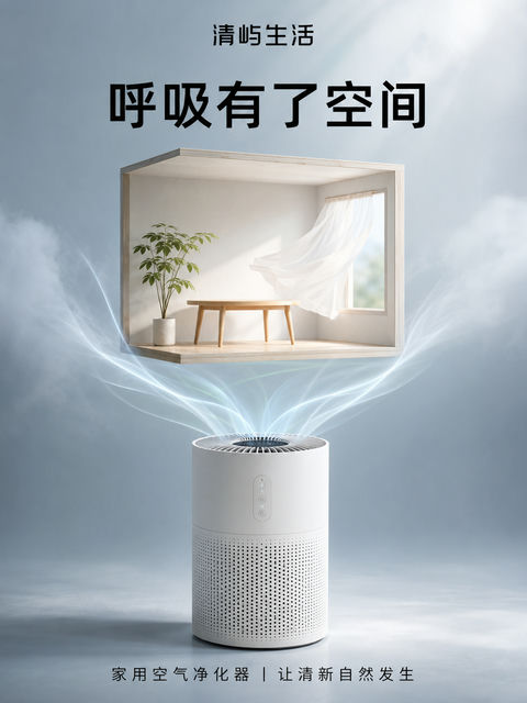 纯净呼吸美学：清屿生活空气净化器超现实海报 - AI图片提示词示例