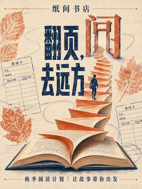 纸间书店秋季阅读海报：翻页去远方 - AI图片提示词示例