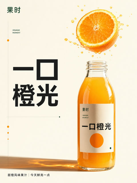 瑞士极简风果时甜橙果汁创意海报 - AI图片提示词示例