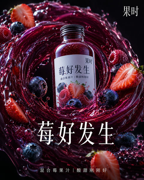 极致微距材质下的深红莓果汁商业创意海报 - AI图片提示词示例