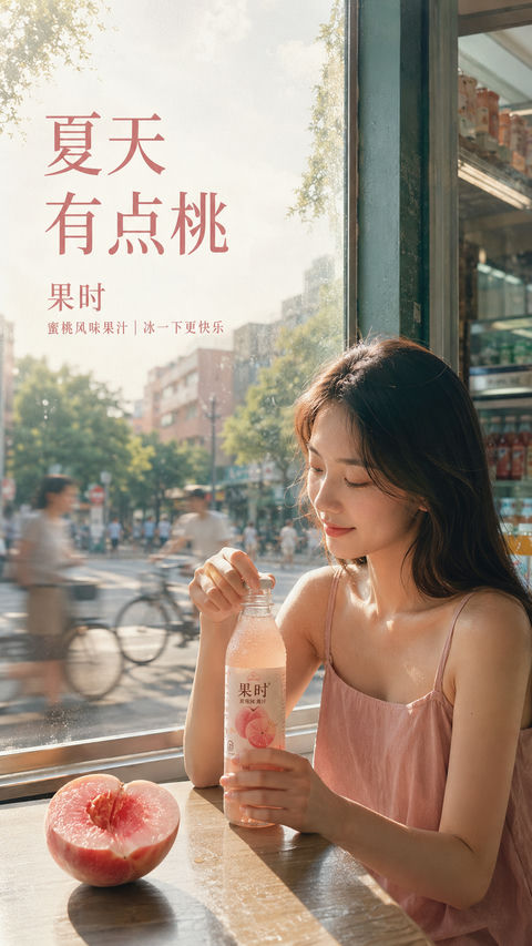 盛夏午后的蜜桃微醺感品牌海报 - AI图片提示词示例