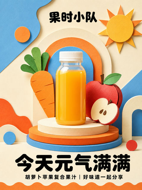 孟菲斯纸雕风胡萝卜苹果汁海报 - AI图片提示词示例
