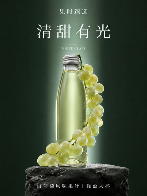 极简奢华墨绿白葡萄果汁新品海报 - AI图片提示词示例