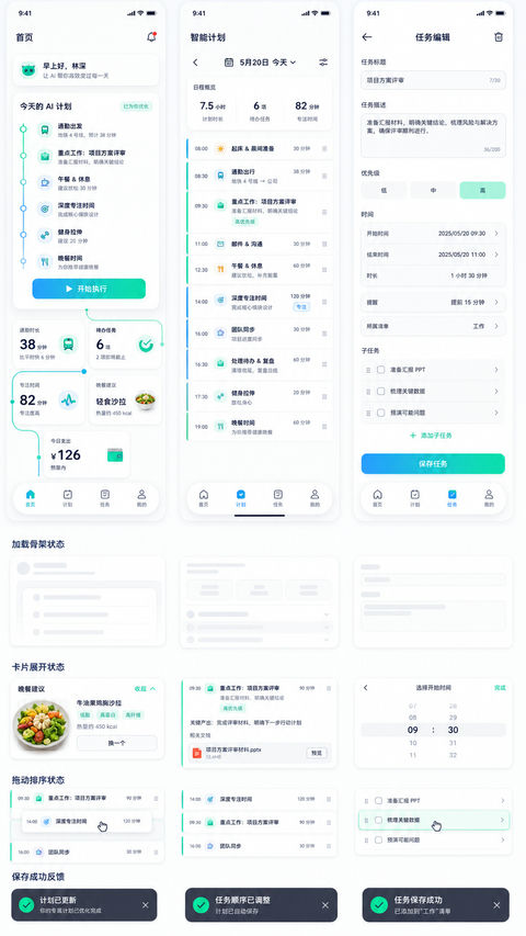 AI生活助手高保真模块化UI设计 - AI图片提示词示例