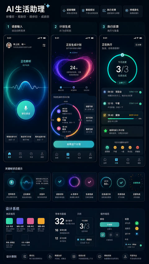 面向Z世代的深蓝动态渐变AI助手UI设计 - AI图片提示词示例