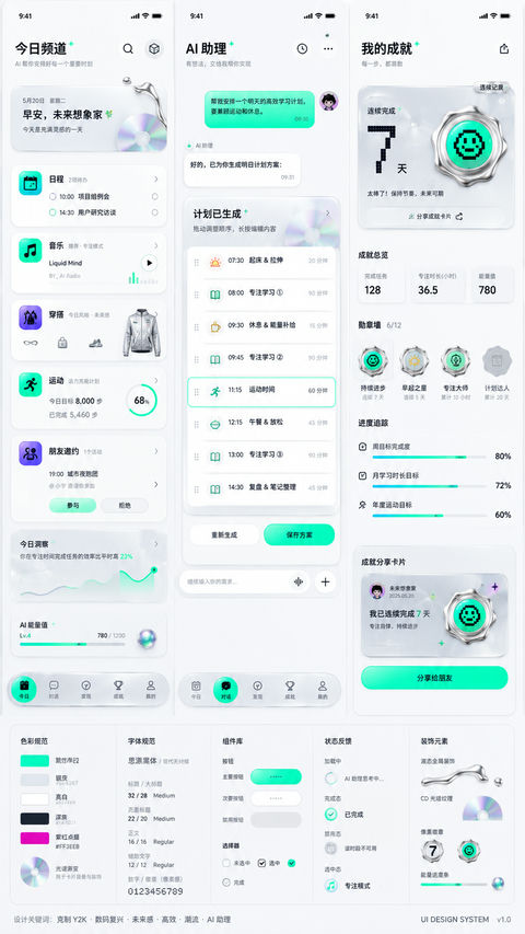 克制Y2K风格AI生活助手APP高保真界面设计 - AI图片提示词示例